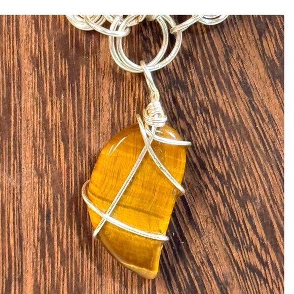 Handcrafted Tigers Eye Pendant Necklace Silver Wire Wrapped Design & Black Cord - Picture 3 of 8